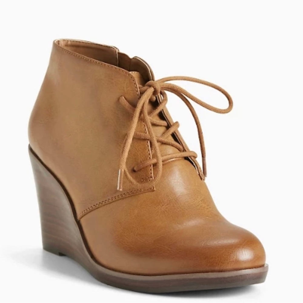 Torrid Brown Leather Wedge Lace Up Ankle Booties